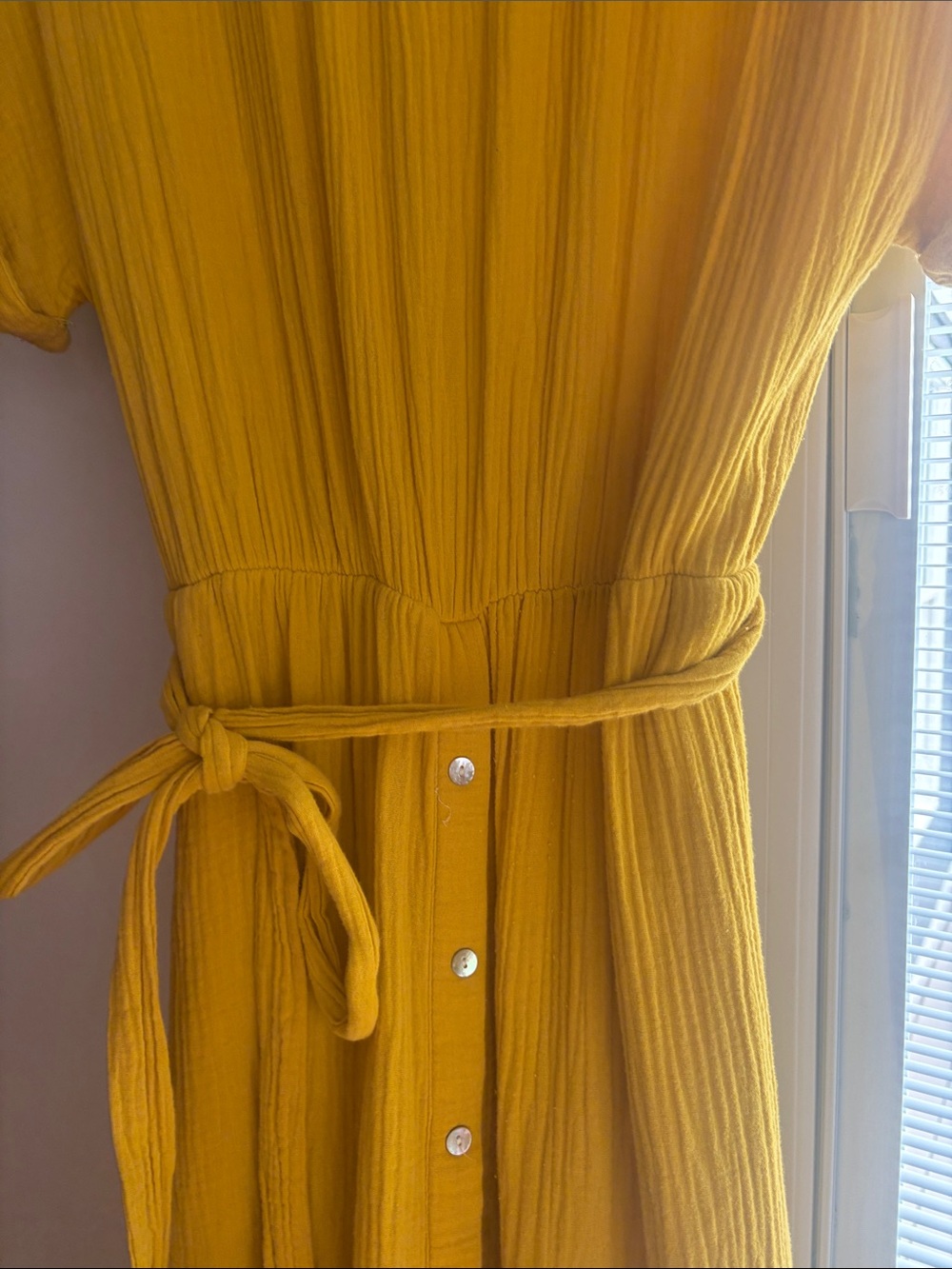 Magaschoni Mustard Yellow Button-Front Midi Dress with Tie Waist - Picture 3 of 3